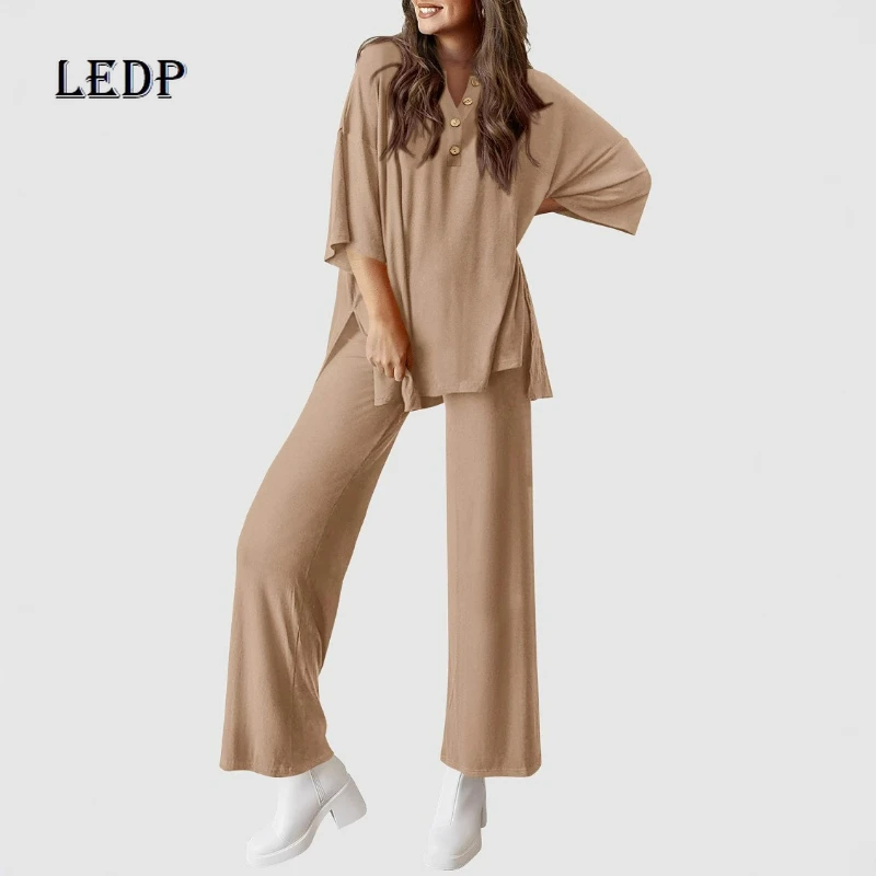 

2024, весна-лето, новый европейско-американский дизайн, свободные модные однотонные повседневные брюки с короткими рукавами, женский костюм из двух предметов