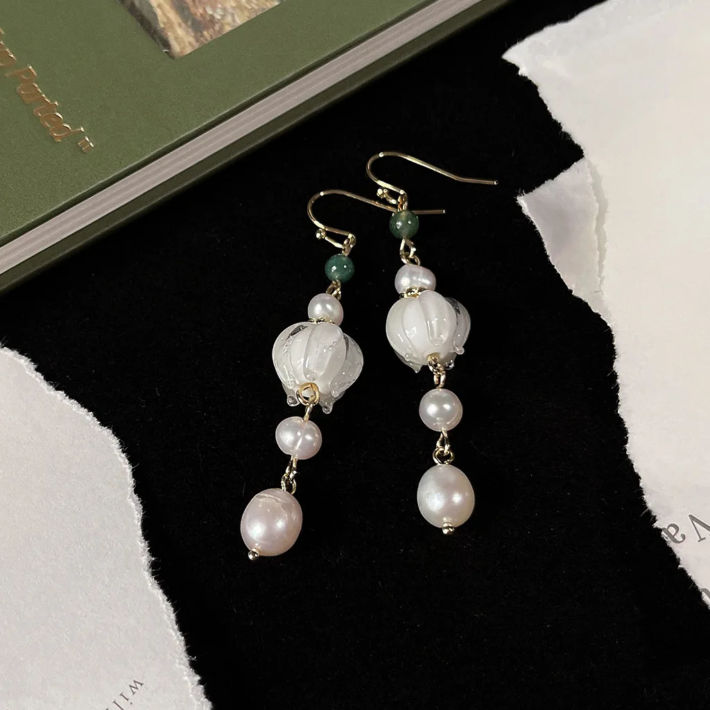 New Arrival Sweet Glass Flower 14K Gold Filled Natural Freshwater Pearl Ladies Tassels Drop Earrings Jewelry For Women Gifts