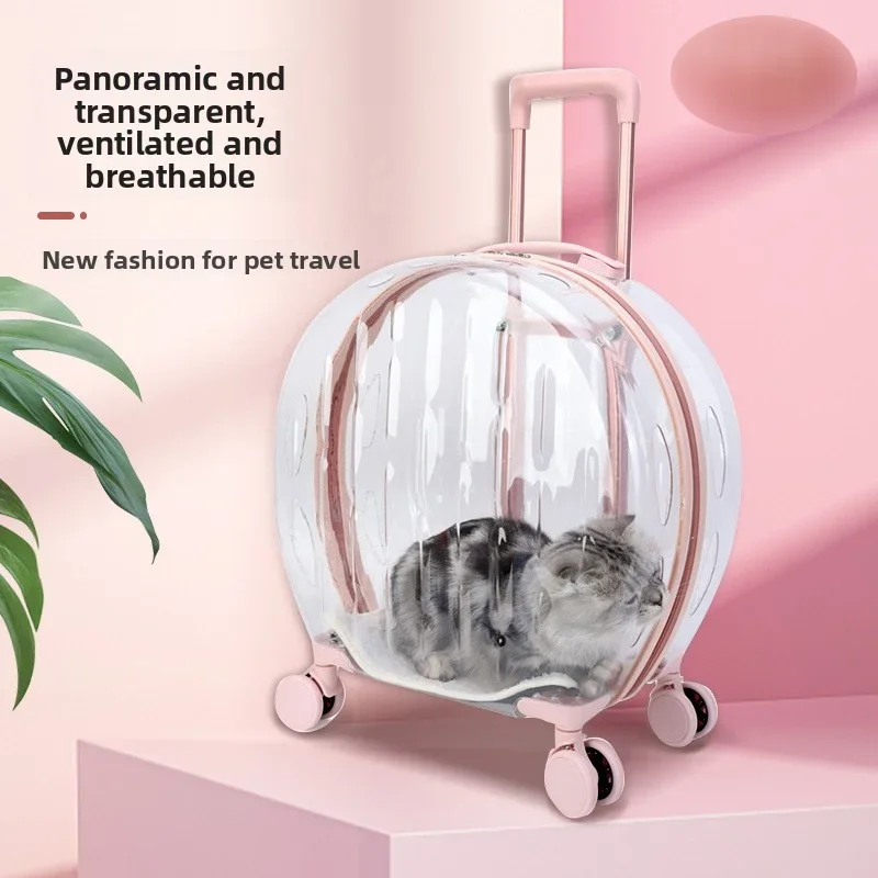 Transparent Pet Carrier Bag Portable Cat Travel Backpack Bubble Cage Handheld Push Pull Trolley Case Dog Transport Box
