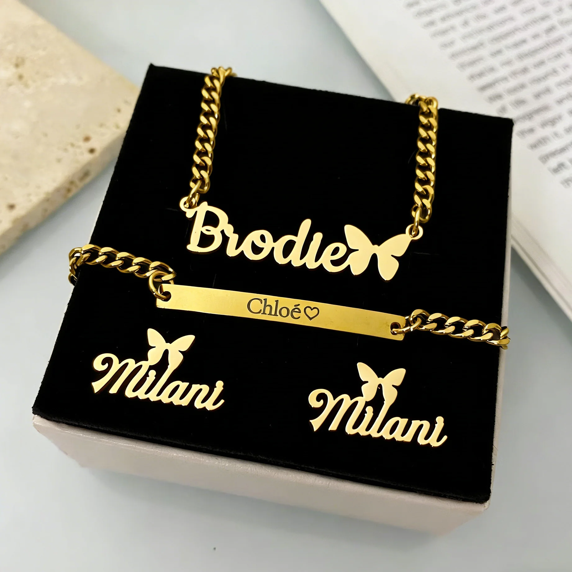 

DUOYING Custom Name Jewelry Set Cuba Chain Stainless Steel Necklace Butterfly Earrings 18K Personalization Plated Women Gift