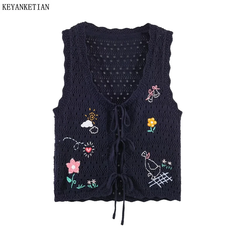

KEYANKETIAN 2026 New Boho Style Knit Crochet Vest Women Hollow Out Embroidery Bow Tie Front Sleeveless Vacation Top Vest