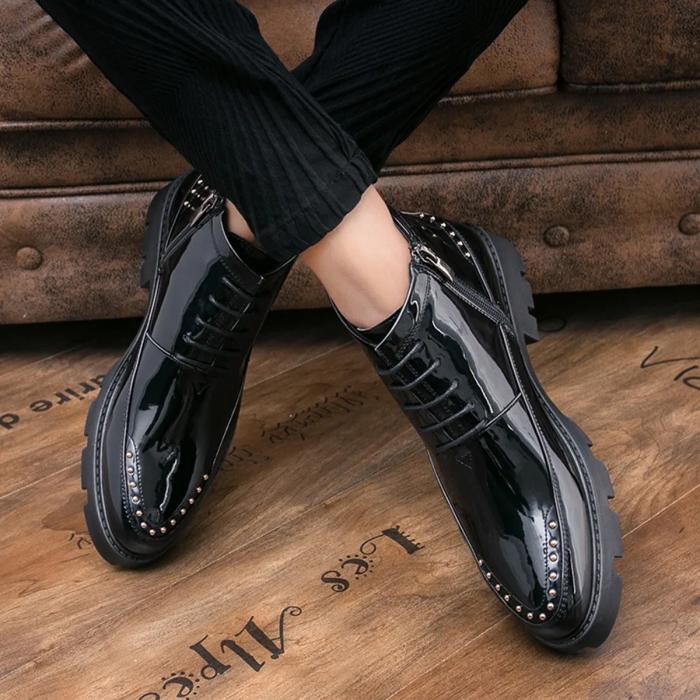 Male Patent Leather Moccasins Shoes High Top Italian Formal Dress Brogue Oxford Wedding Business Shoes Boots 2024