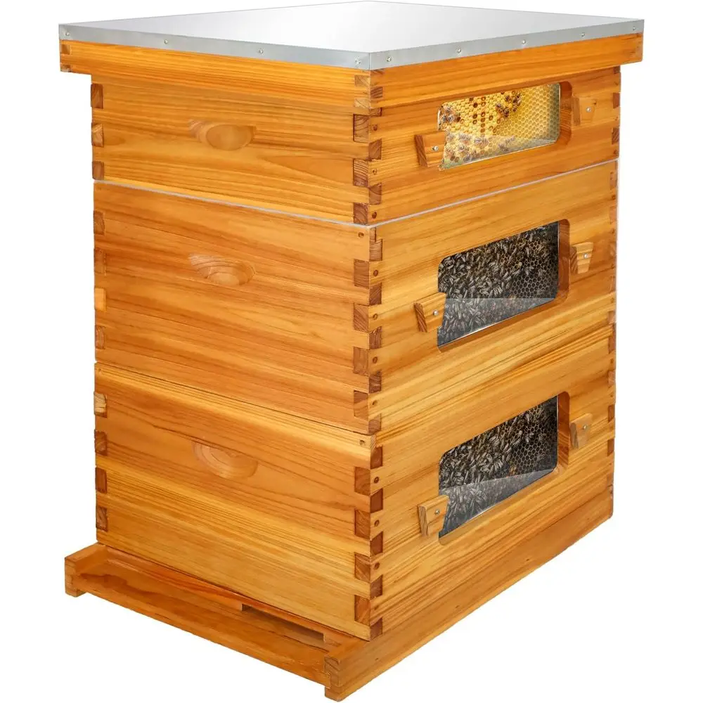 

Hive with Windows, 10 Frame Langstroth Complete Beehive Starter Kit Dipped in Beeswax with Beehive Frames and Waxed Foundations