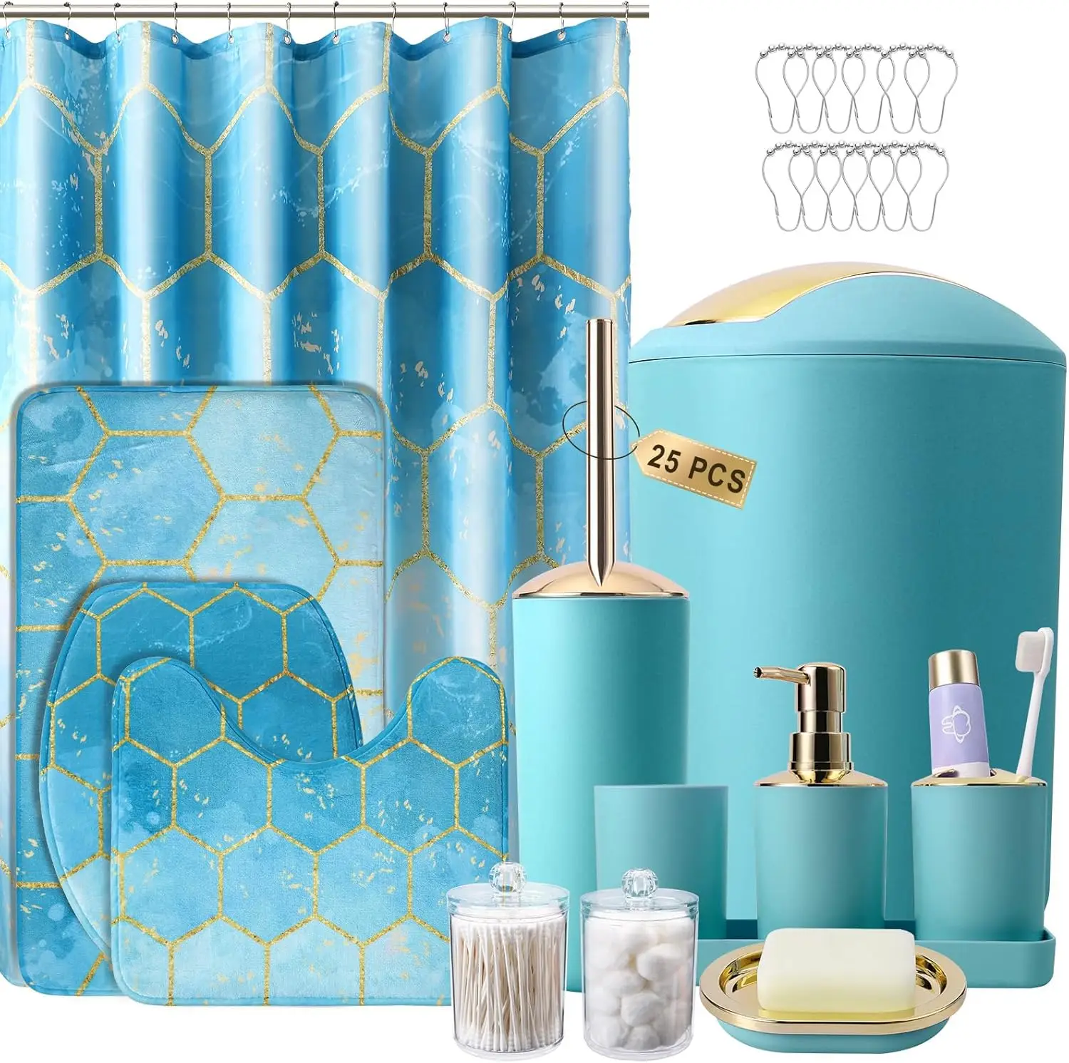 

Набор из 25 предметов для ванной комнаты в цвете бирюзовый с золотом: шторка для душа, коврики, мусорное ведро, дозатор для мыла и многое другое
