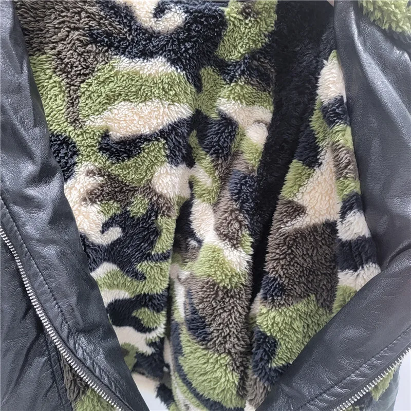 HKSH 2025 冬新作 レディース フード付き暖かいコート PUレザー パッチワーク 迷彩柄 プラッシュ ジップポケット ストリートウェア Y2K ジャケット HK14912