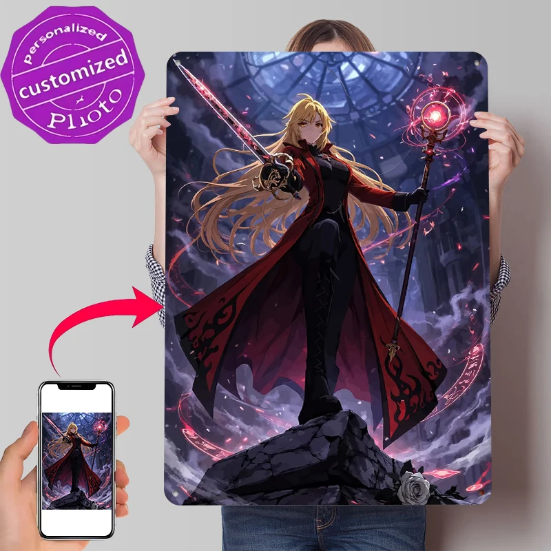 Anime Sorceress With Sword and Staff Metal Poster Customized Wall Art Retro Vintage Tinplate Signs for Coffee Bar Accessories