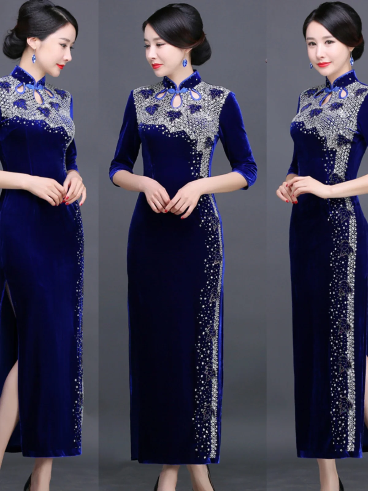 

Ele Vintage Velvet Long Slimming Evening Gown Wedding Celebration Mother's Dr plus Size Polyester Fabric