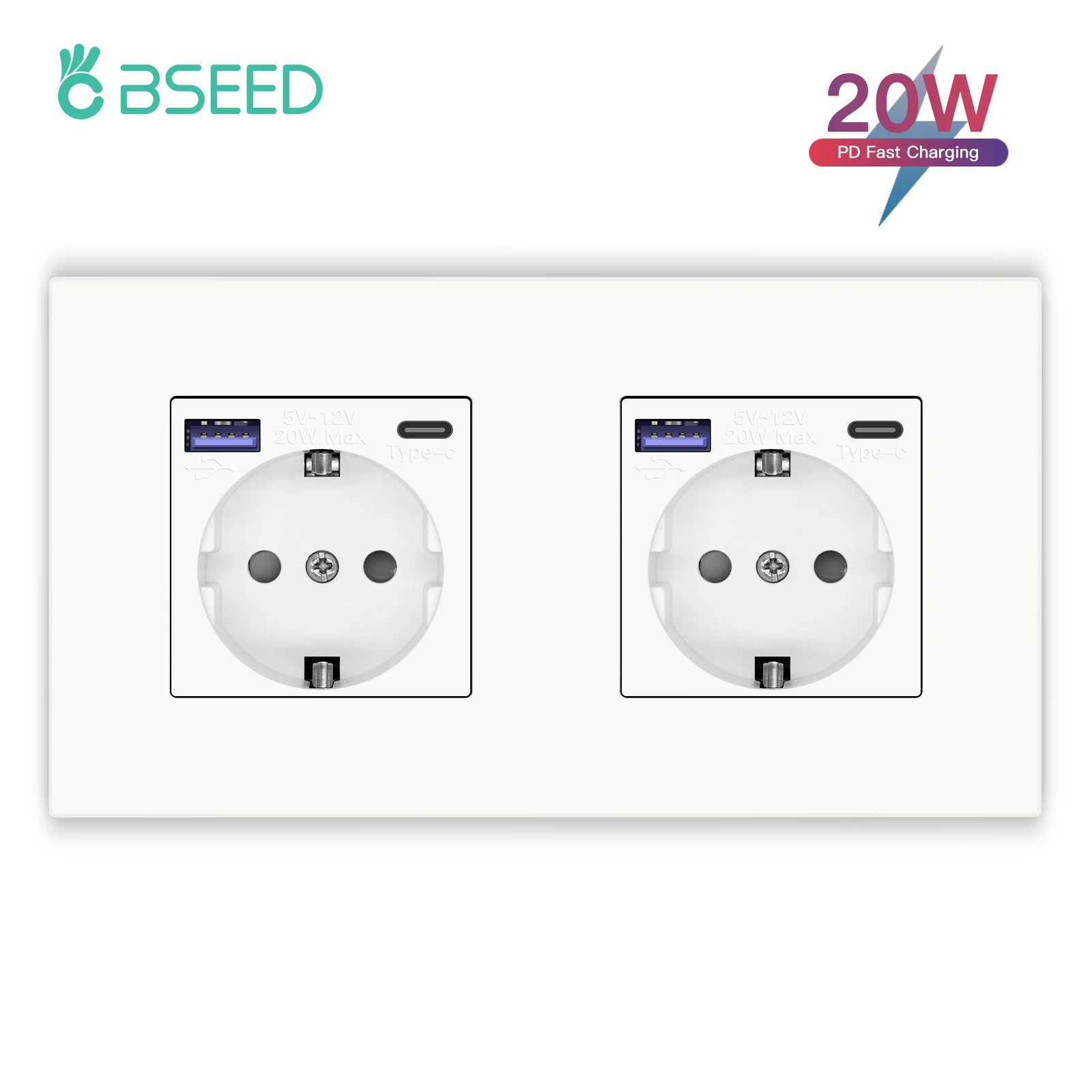 BSEED M1-Serie EU-Wandsteckdose, USB-Typ-C-Anschlusssteckdosen, doppelte Kunststoffrahmen-Steckdosen, dreifache Netzstecker, Kinderschutz, 16 A