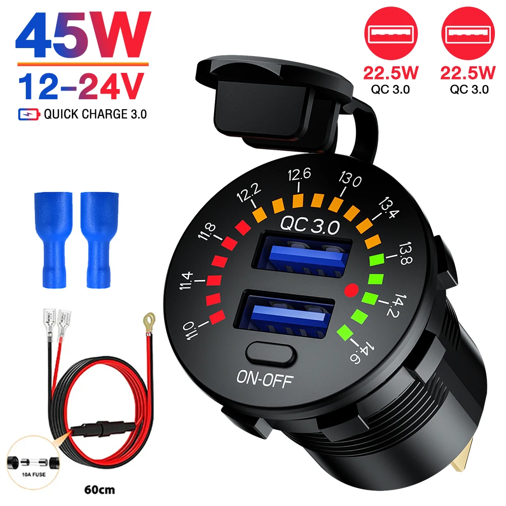 

48W Dual USB Charger Socket with LED Voltmeter ON OFF Switch QC3.0 PC Type C Waterproof USB Outlet Fast Charger for 12V/24V Car