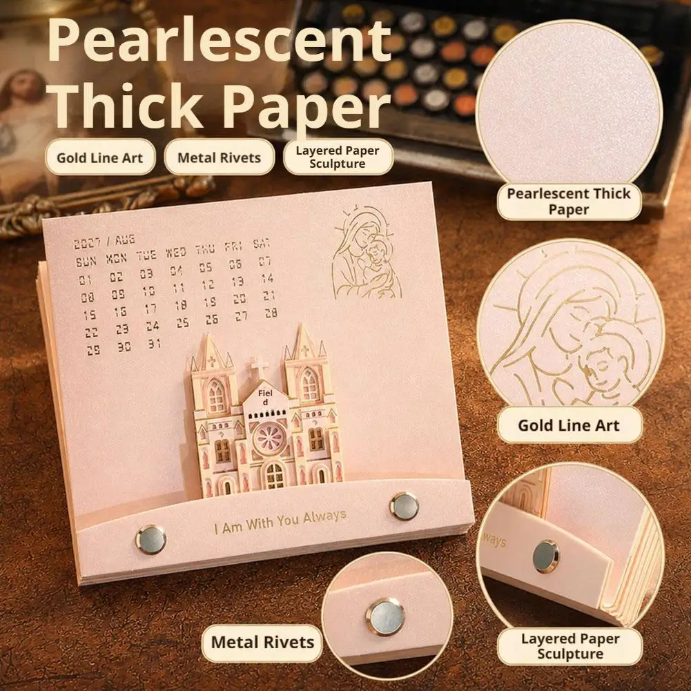 2027 English Desk Calendar Tear-off 3D Architectural Calendar Catholicism Calendar Exquisite Tear-Off Desk Calendar Office