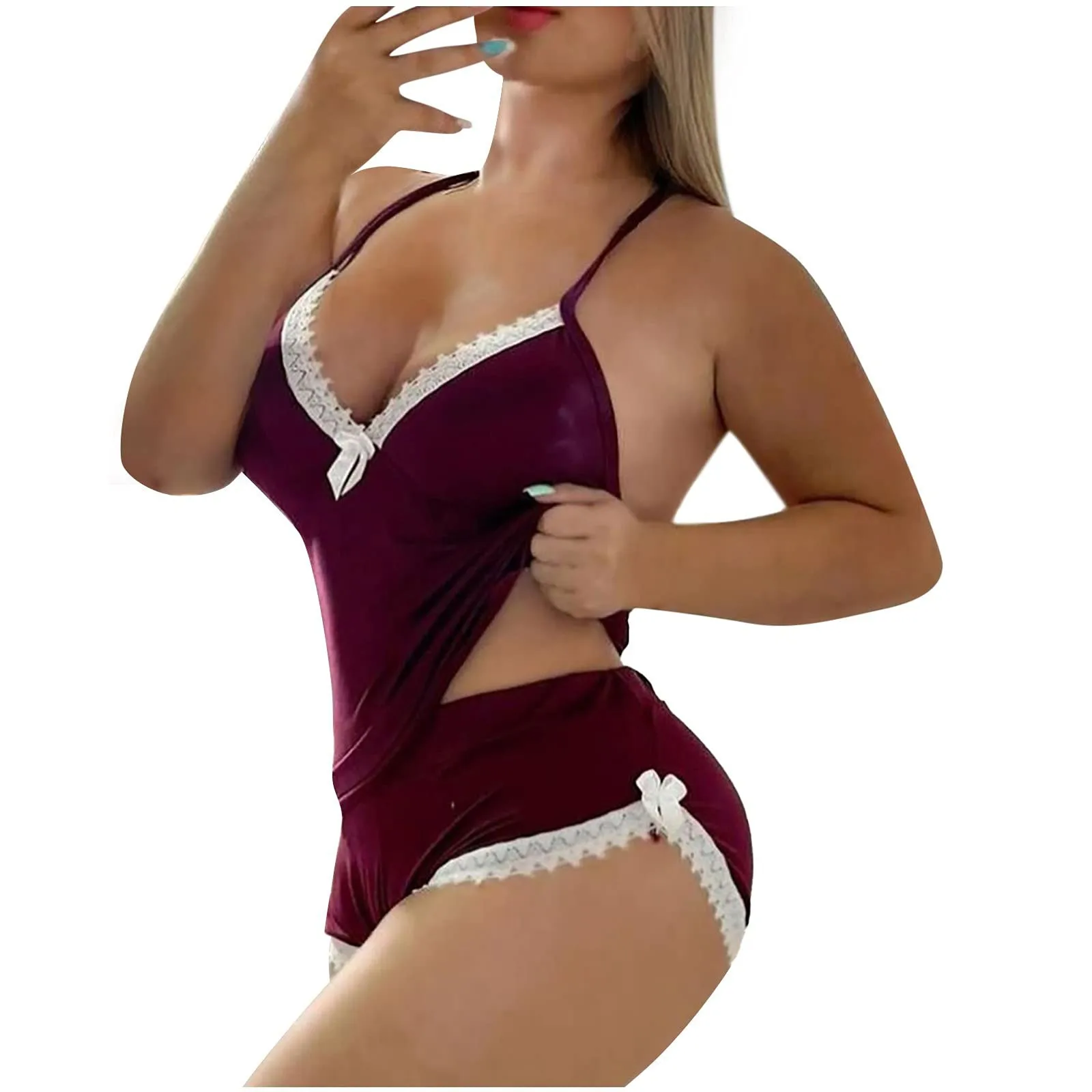 Conjunto de maiô feminino moda sexy renda emenda duas peças conjunto sólido impresso com decote em v volta cruz cinta camisola com shorts conjunto