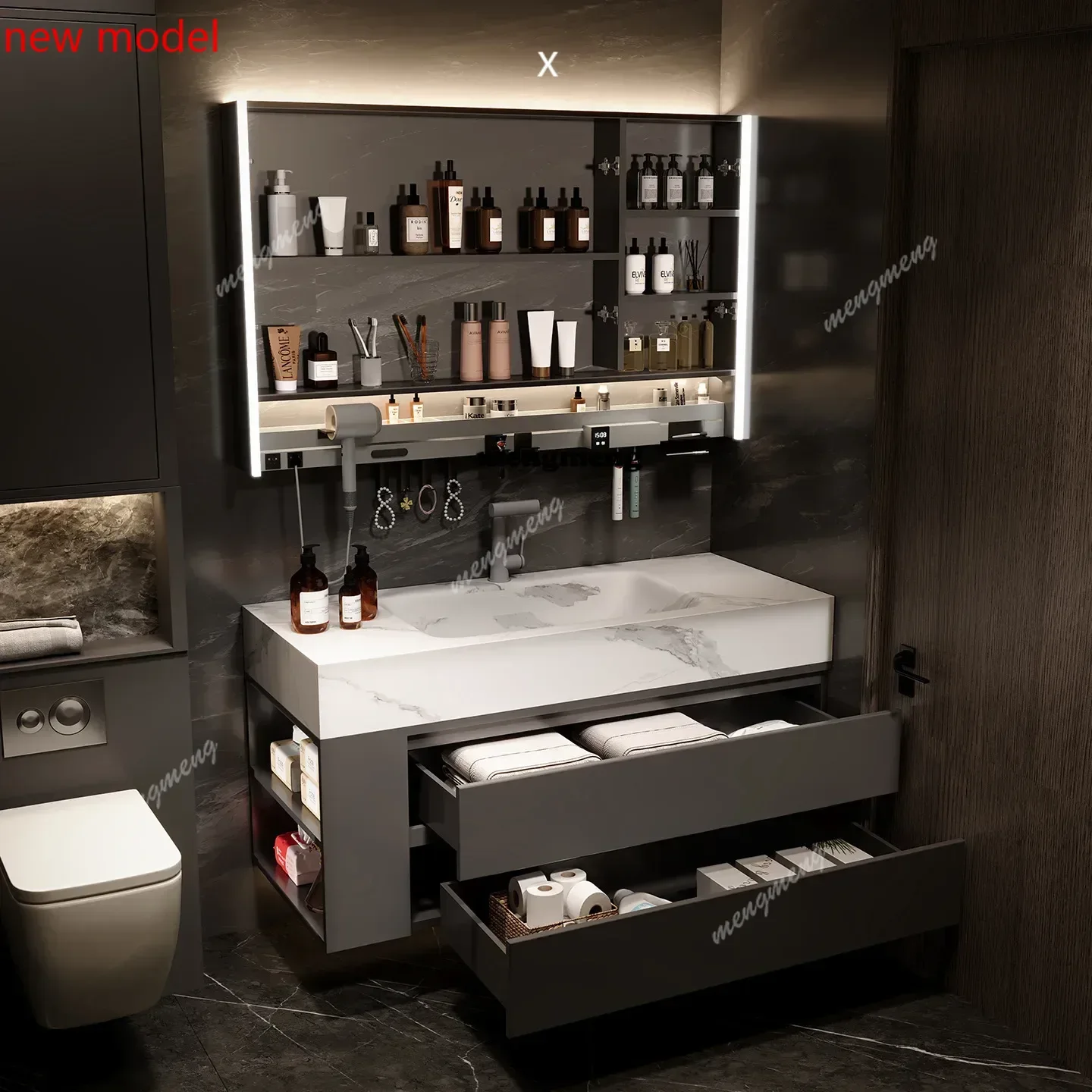 

H134Bathroom Vanity Cabinet with Rock Slab Integrated Sink Organizer Storage Mirror Wall Shelves Toilet Display Trendy Furniture