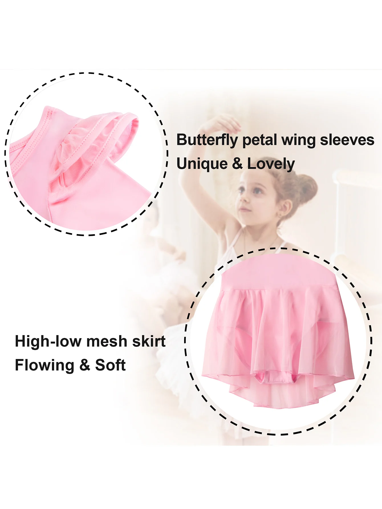 Girls Long Sleeve Ballet Leotards Toddler flutter sleeve high-low Fine Mesh Skirt Kid  Dance Gymnastic Outfits