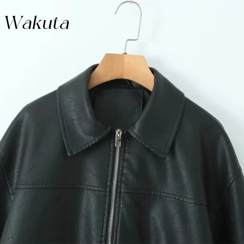 WAKUTA-Tops de couro sintético com gola clássica, manga comprida, solto, casual, retrô americano, básico simples, outono