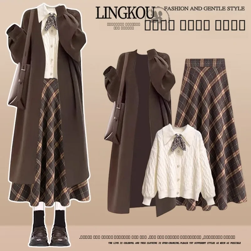 

Модный женский комплект большого размера на осень-зиму с открытым кардиганом, вязаный свитер, клетчатая юбка, футболка...