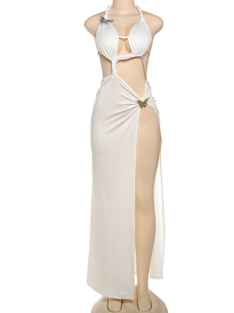 InGrily Sexy Hollow Split Abito da donna Tendenza estiva Y2K Farfalle in metallo Senza maniche Backless Fasciatura Frusta Split Maxi Bodycon