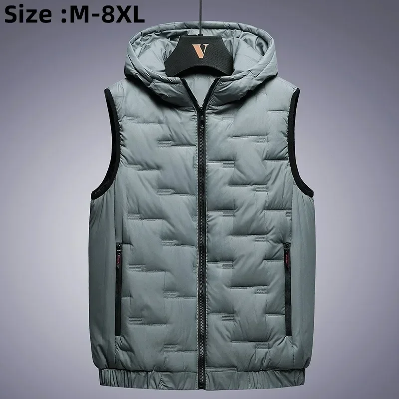 2024 Men's Casual Warm Vests Jacket Solid Oversized Autumn Winter Zipper Pockets Thick Cotton Tops Vests Male Hooded Vests M-8XL