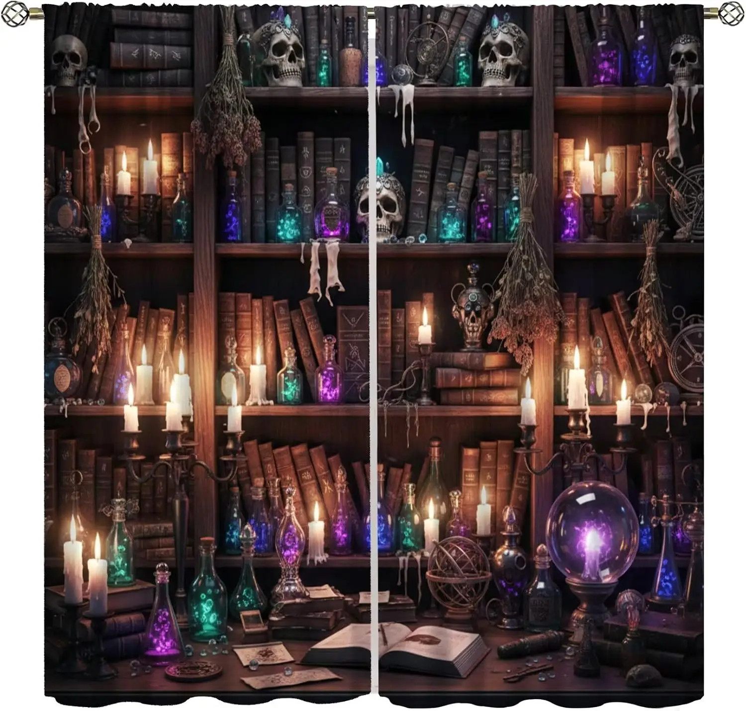 Gothic Witch Magic Theme Curtain 2 Panels Retro Dark Wood Shelf Skull Luminous Potion Candle Print Window Curtain Spooky Home
