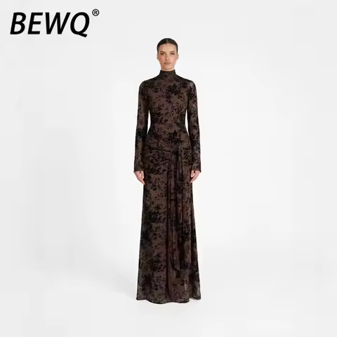 BEWQ Fashion Women's Elegant Dress Evening Party Office Wear Stand Collar Long Sleeve Rhinestone Slim Fit Dress 2026 Spring New