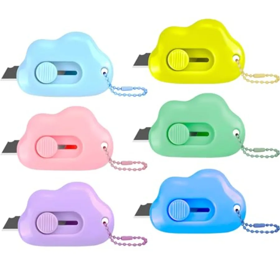 

Cloud Shaped Retractable Box Cutter Set - 6 Pack with Key Rings, Stainless Steel Blade, Safe and Portable Letter Opener for Env