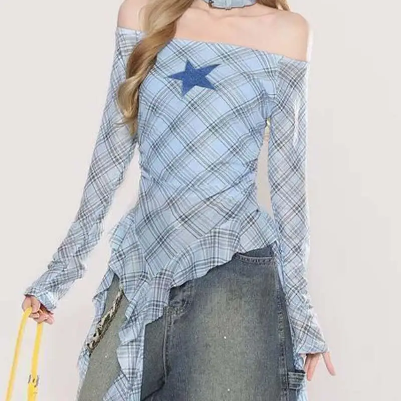 American Women Retro Plaid One-Shoulder Tops with Contrasting Straps Y2K Girls Long-Sleeved T-Shirt Slim Fit Cropped Tops Street