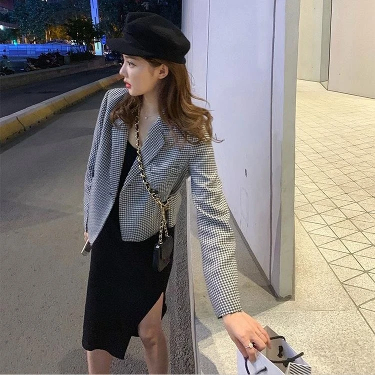 Women's Korean Style Houndstooth Cropped Blazer Chic Plaid Jacket Fall Fashion Elegant Office Wear