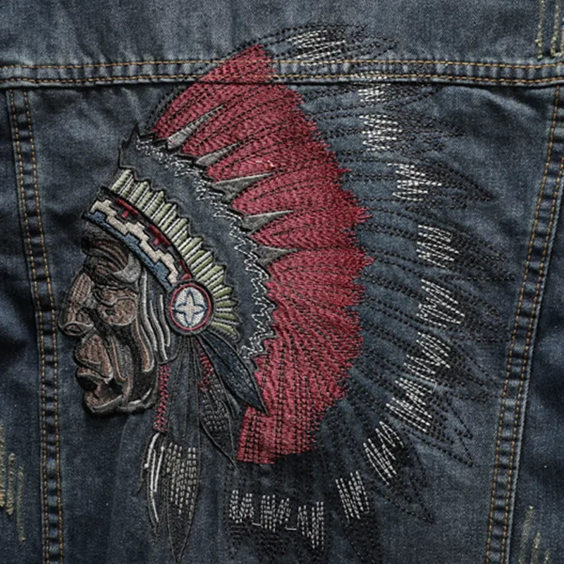 Prowow, ropa de calle a la moda, chaqueta para hombre, chaquetas vaqueras con bordado de jefe indio azul Retro, abrigos Punk de Hip Hop de talla