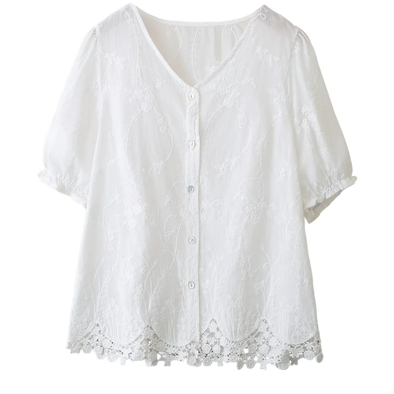 

2026 Summer Plus Size Women Pure Cotton Shirt Embroidery Lace Hem Short Sleeve Blouse Casual Loose Tops For Curvy Ladies 2603