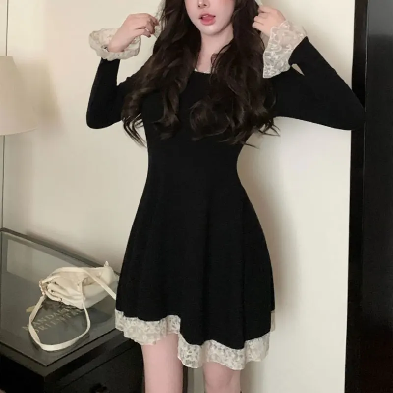 

Women's Clothing Solid Color Dresses Fashionable Lace Spliced Spring Autumn French Style Hooded Aura Waist A-Line Mini Dress New