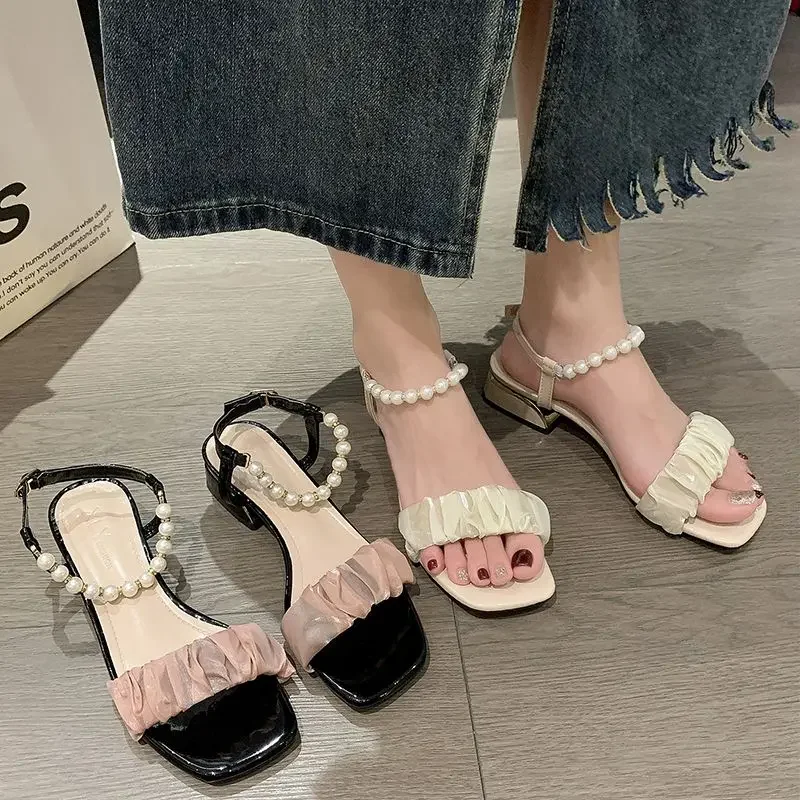 Footwear One Word with Low Heels Block Heel White Sandals for Woman Summer 2024 Pearl Roman Style Medium Buckles Women\'s Shoes F