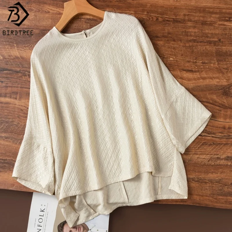 Birdtree, 100% Real Silk Blouse, O-neck Batwing Sleeve Loose Shirt, Women's Guanle Crepe Solid Smock, 2026 Summer New T64024JF