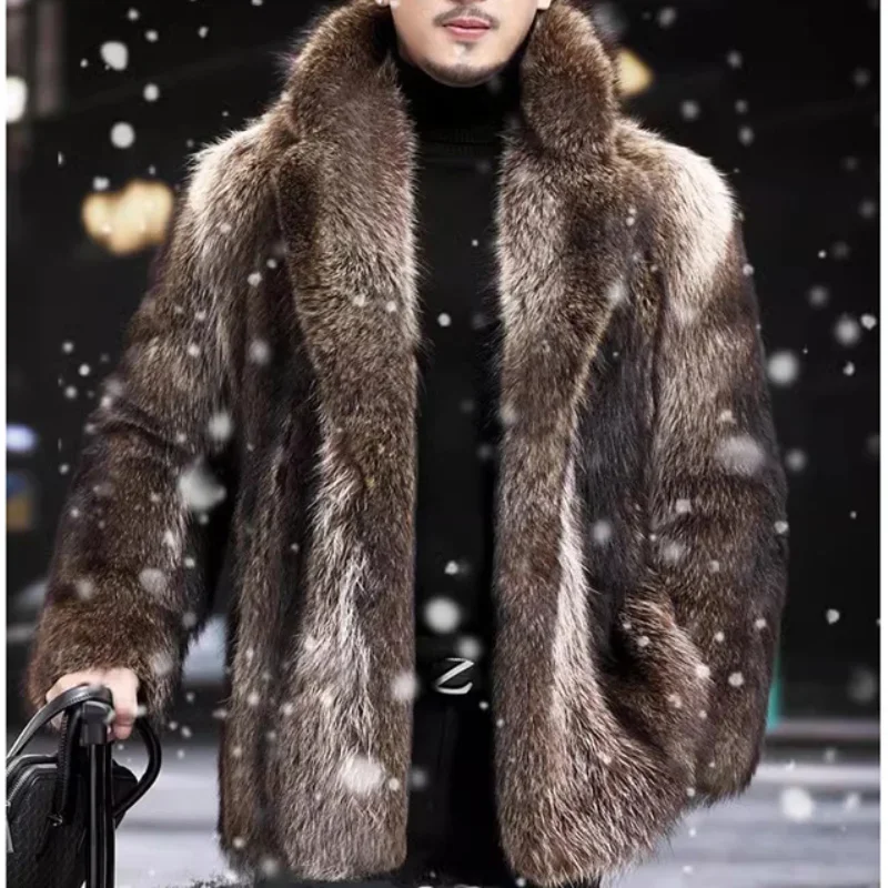 Men Autumn Winter Thick Maxi Faux Fox Fur Coat Jacket Long Sleeve Warm Luxury Fur Black Parkas Furry Shaggy Outerwear