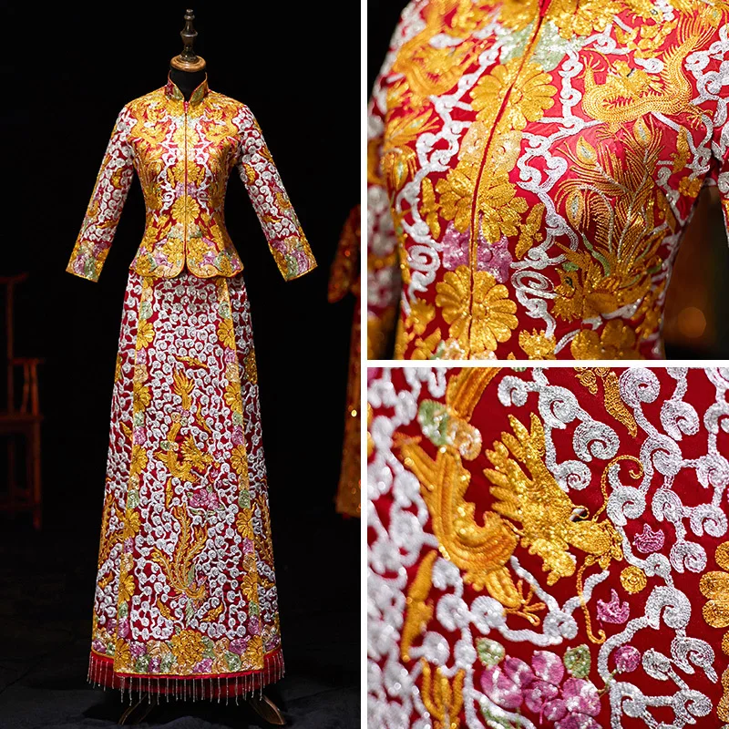 Gaun pengantin wanita Qipao bordir merah Oriental naga Phoenix Satin Cheongsam kuno tradisional Cina gaun pengantin panjang Vestidos