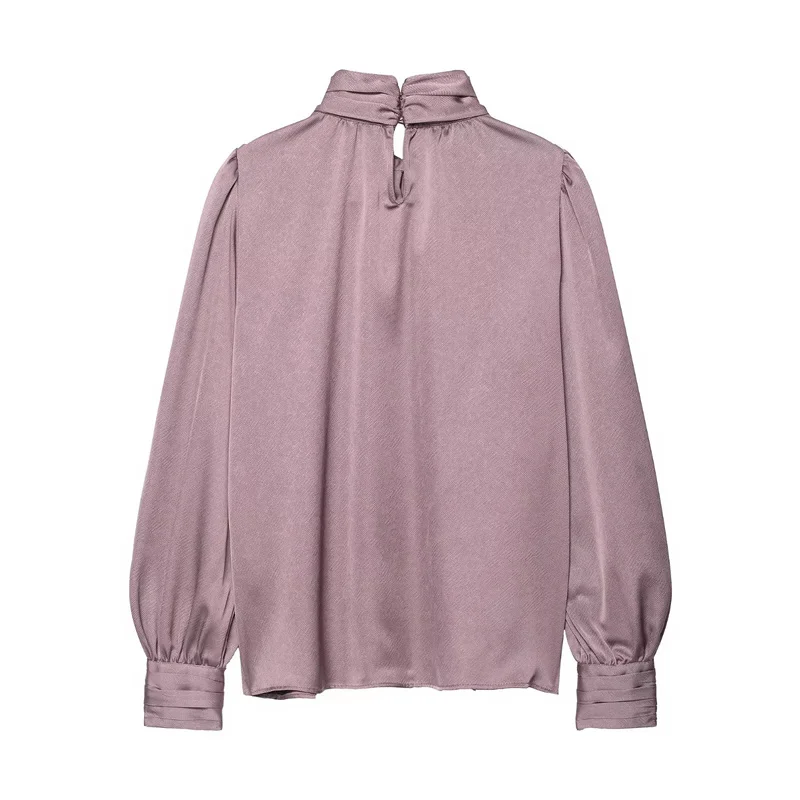 2025 الخريف قميص نسائي نمط جديد الأرجواني طويلة الأكمام عالية الرقبة قميص مع ربطة القوس فيونكة التفاصيل في نسيج الساتان أنيقة #2