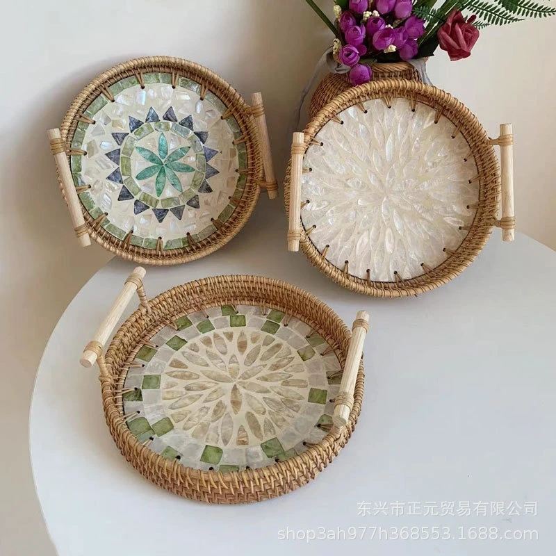 Rattan Shell Tray Coastal Snack Fruit Bread Tea Serving Basket For Cozy Home Table Decor Birthday Gifts For Women