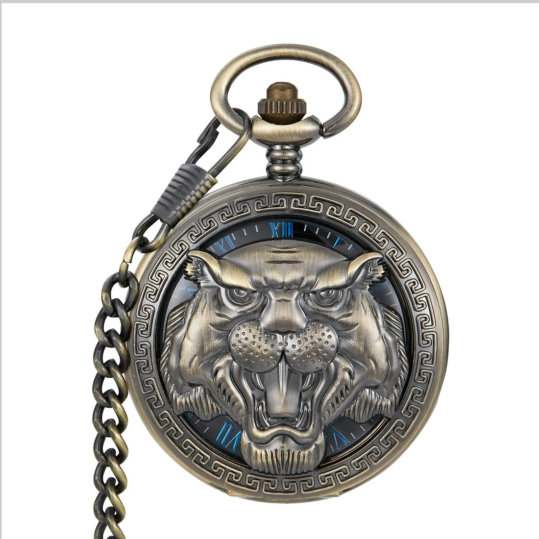 Tiger Lion Mechanical Clock Vintage Male Pocket Watch with Fob Chain Steampunk Hanging Watches for Men Chinese Zodiac Pendant