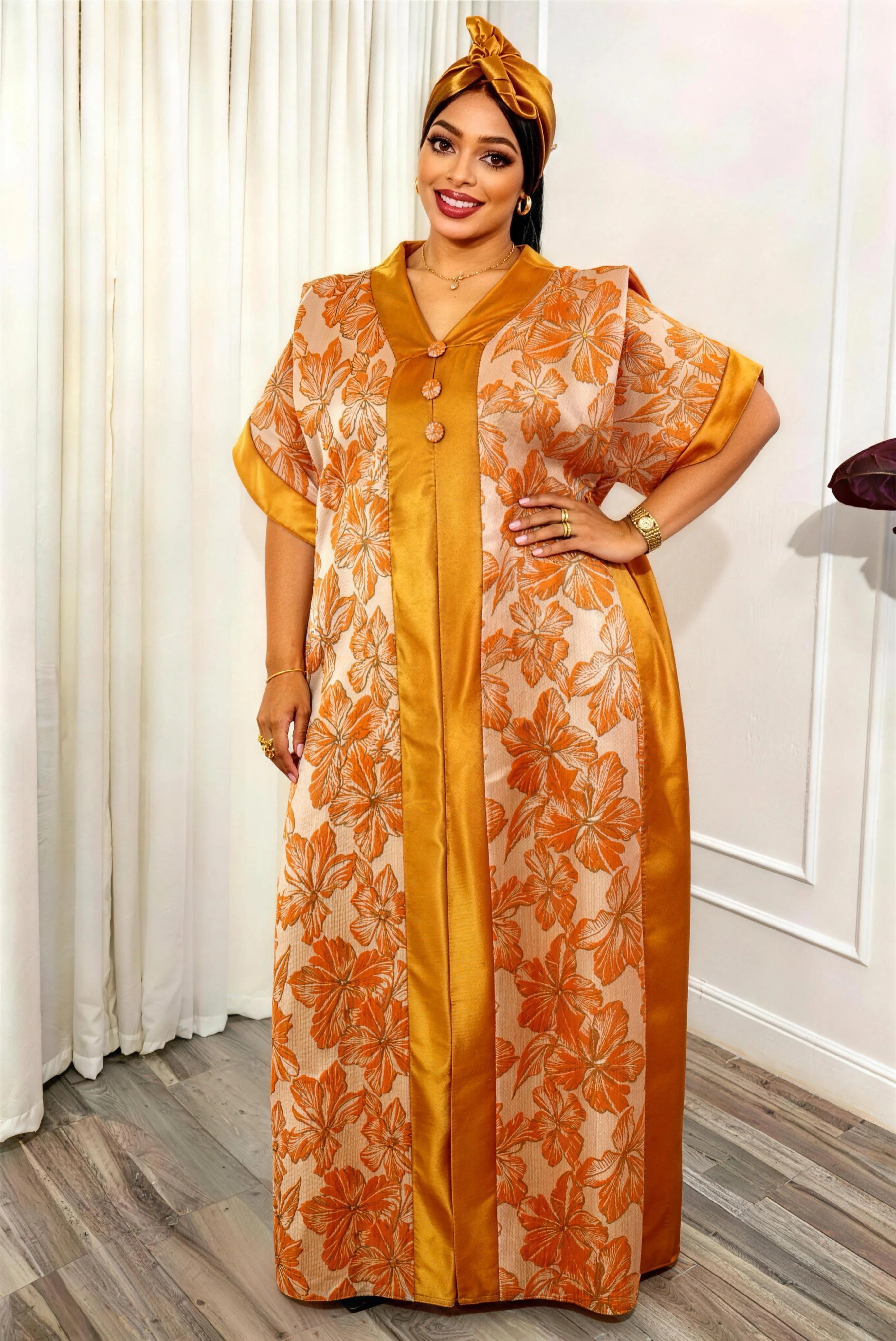 

plus Size Traditional Middle Eastern Abaya Dress with Scarf Floral Print Long Robe African Clothing for Ladies