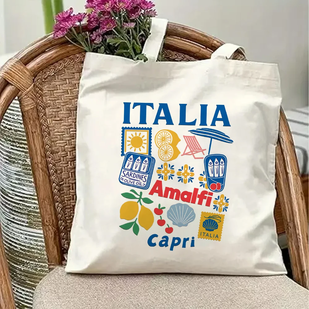 

Italian Amalfi Capri Canvas Tote Bag Vintage Lemon Sardine Graphic Handbag Aesthetic Mediterranean Beach Summer Travel Bag