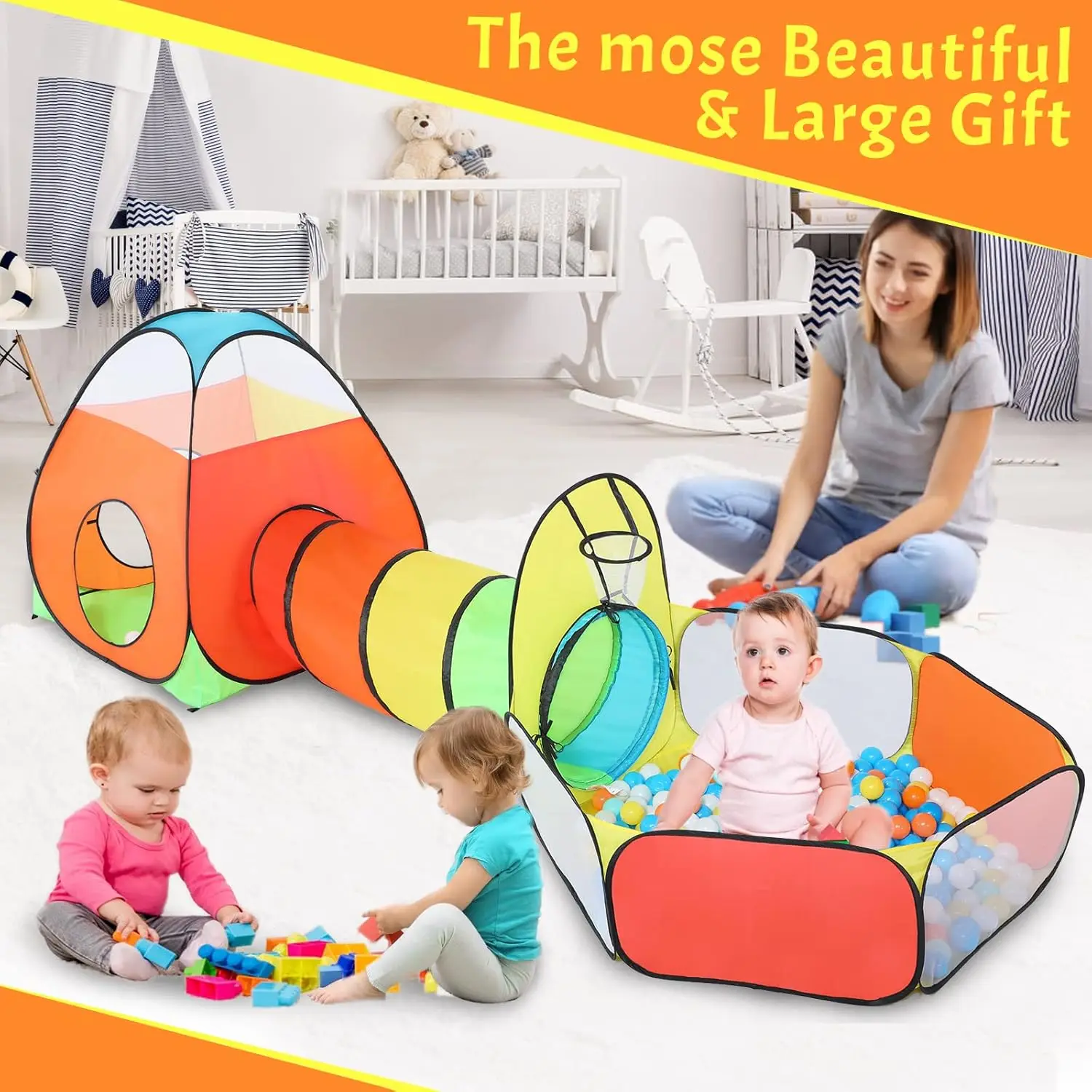 3 in 1 Kids Play Tent with Play Tunnel, Ball Pit, Basketball Hoop for Boys & Girls, Toddler Pop Up Playhouse Toy for Baby Indoor
