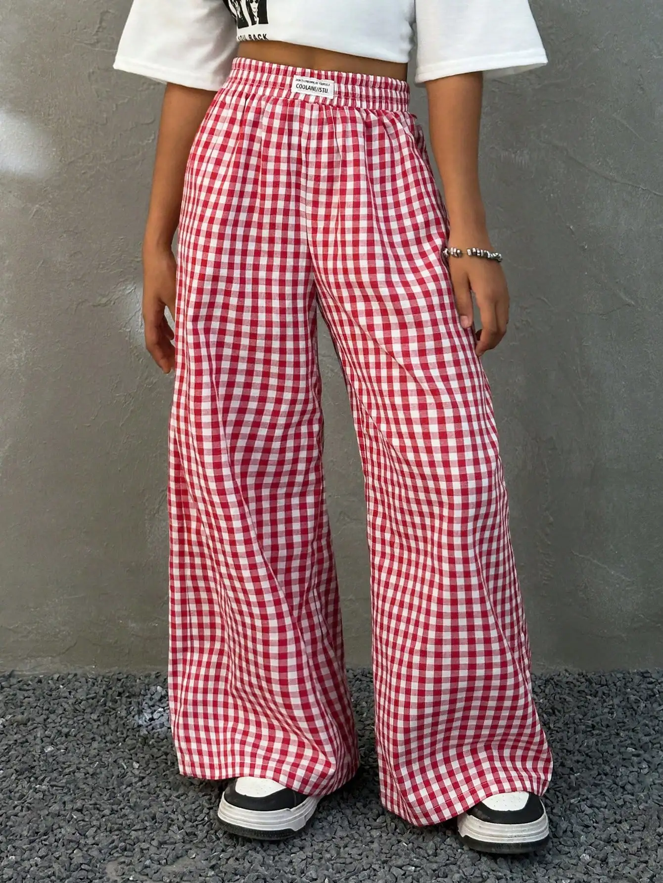 

Red and White Gingham Wide Leg Pants for Girls, Loose Fit Spring Summer Casual Wear