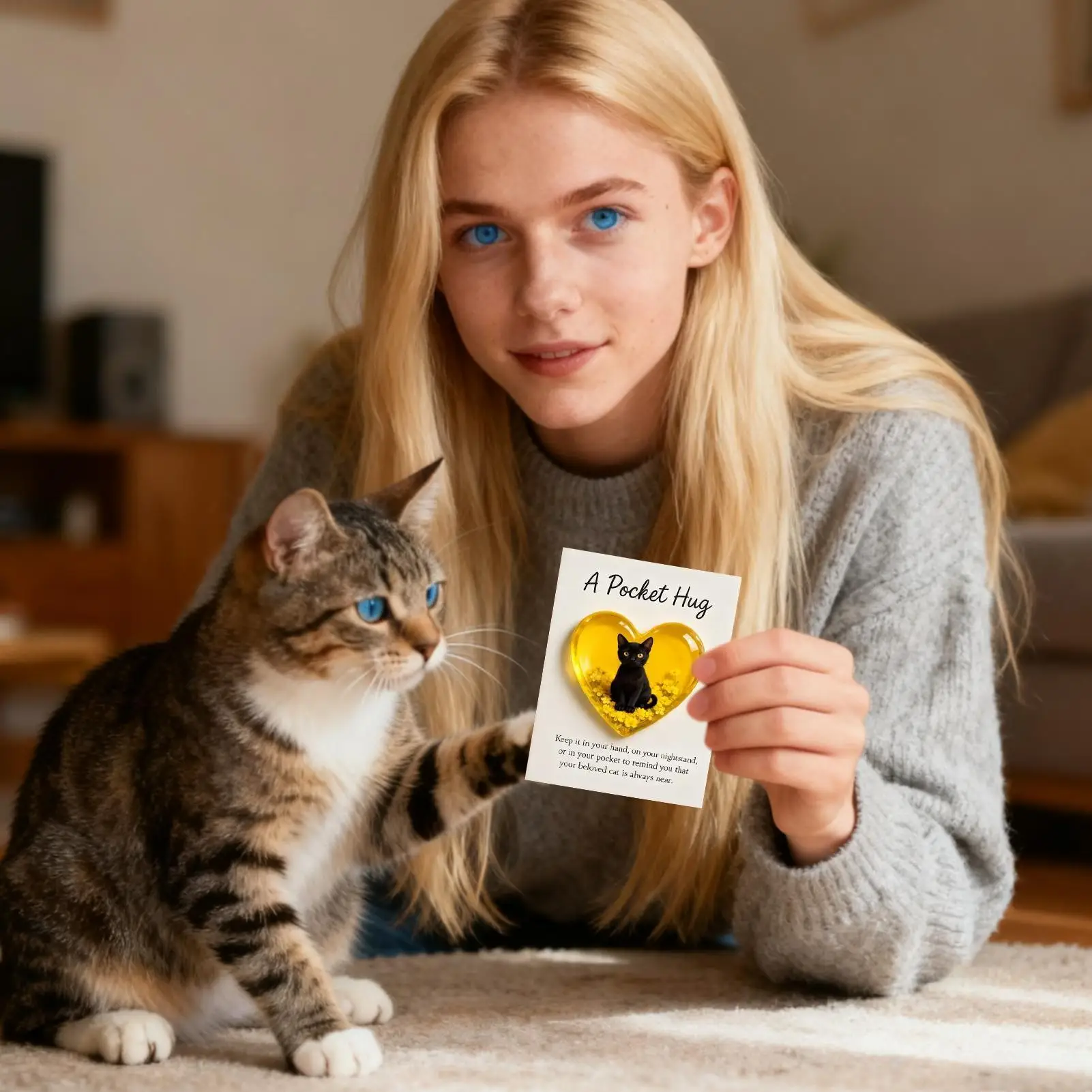 Cat Decor For Home Heart-Shaped Tabletop Ornament Cat Table Decoration With Positive Card For Pet Lover Sympathy Home Bookshelf