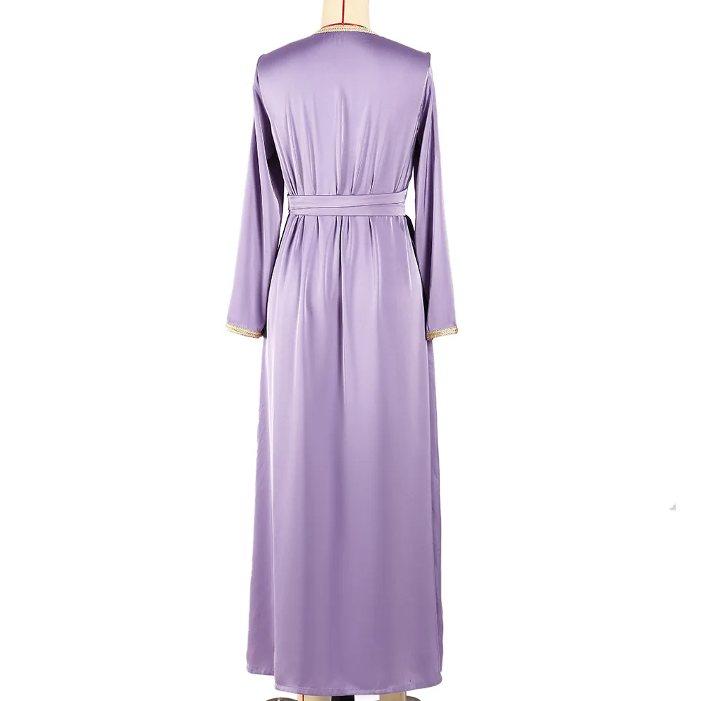 Eid Ramadan Muslim Open Abaya Women Elegant Kaftan Islamic Long Dresses Purple Hand-stitched Diamond Maxi Evening Luxury Robe