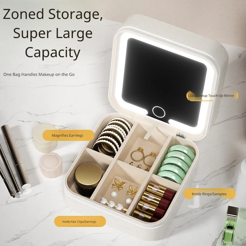 

LED Mirror Jewelry Box Travel Makeup Organizer Portable Cosmetic Case with Light For Girl