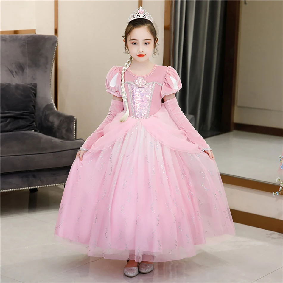 Princess Party Ball Gown for Girls The Little Mermaid Deluxe Carnival Ariel Cosplay Costume Children Pink Birthday Fantasy Robes