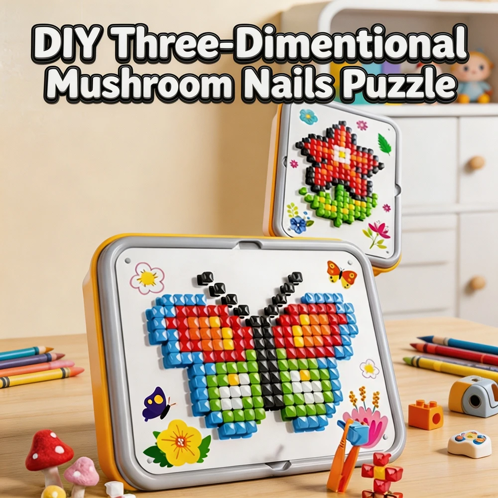 Creative 3D Peg Puzzle Building Toy DIY Mushroom Nail Assembly Playset Comes with Storage Organizer Box Birthday Gift