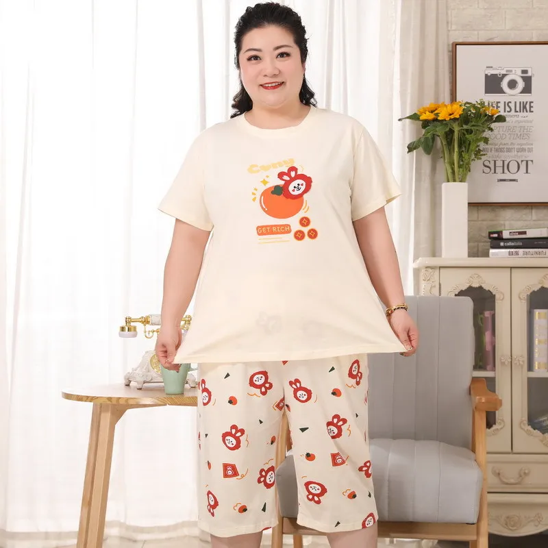 Plus size 130KG kawaii conjuntos de pijamas mulheres 100% algodão bonito dos desenhos animados mangas curtas Cropped Calças sleepwear 6301