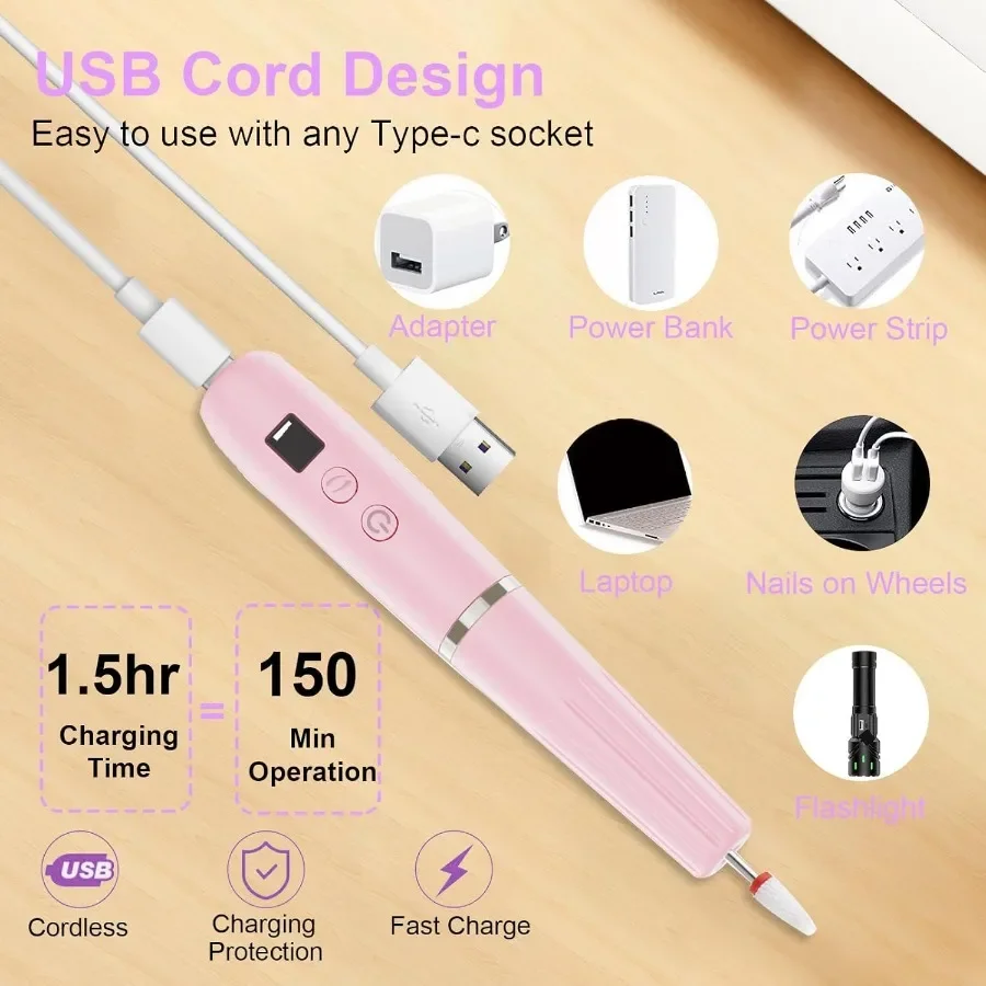 Kit trapano per unghie professionale per lima per unghie elettrica per uso domestico in salone Lima per unghie elettrica portatile senza fili con punte multiple