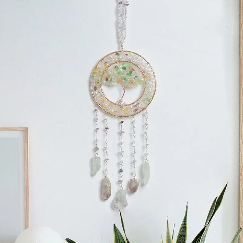 

Green Fluorite Crystal Tree of Life Hanging Room Decor Suncatcher Healing Crystals Beads for Window Home Car Ornament Woman Gift