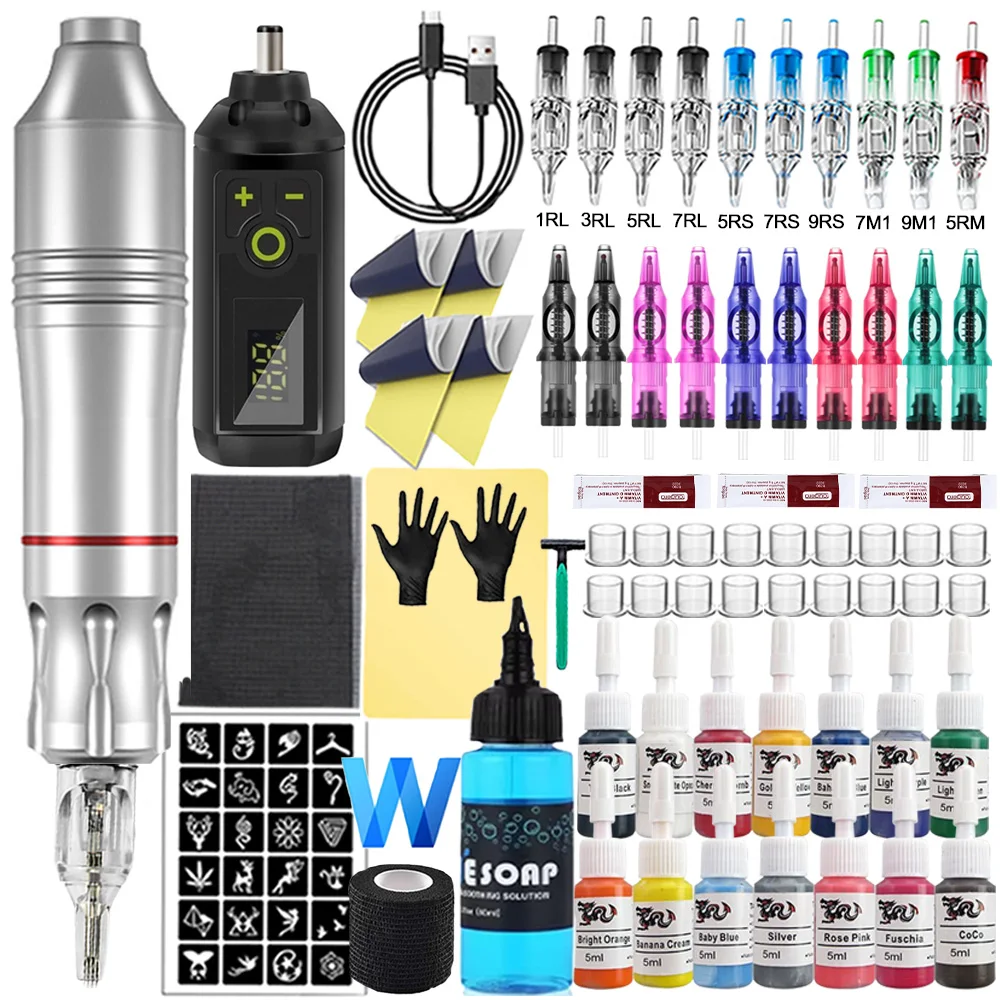 

Wireless Tattoo Pen Machine Kit Rotary Tattoo Pen 1200mAh Mini Battery Cartridge Needles Ink Set Permanent Makeup Tattoo Kits