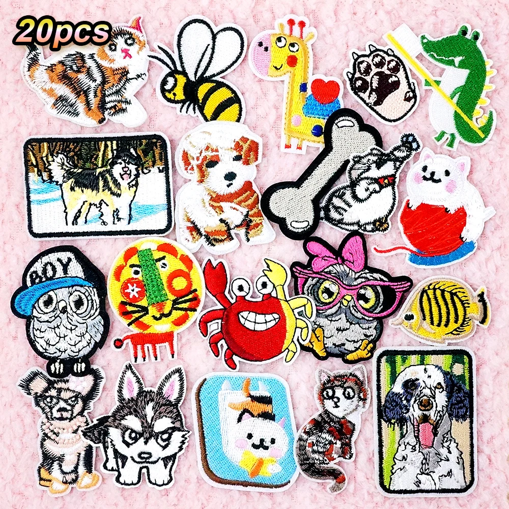 

20Pcs/Lot Dog Cat Bee Patches Embroidered Applique Clothes Iron on Patch for Clothing Decorate Repair Modification Sticker